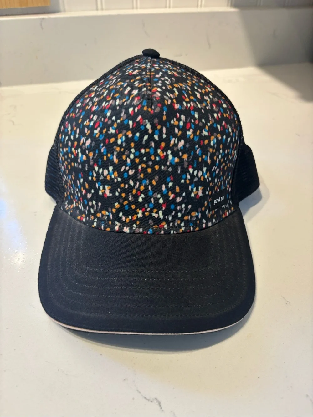 Prana Black Trucker Style Hat with Multicolor Confetti Print. Like New!